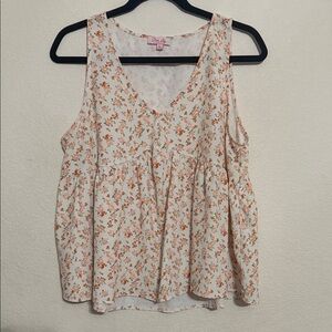 Pink Lily Cream Floral V-Neck Tank Top with Orange Blossoms